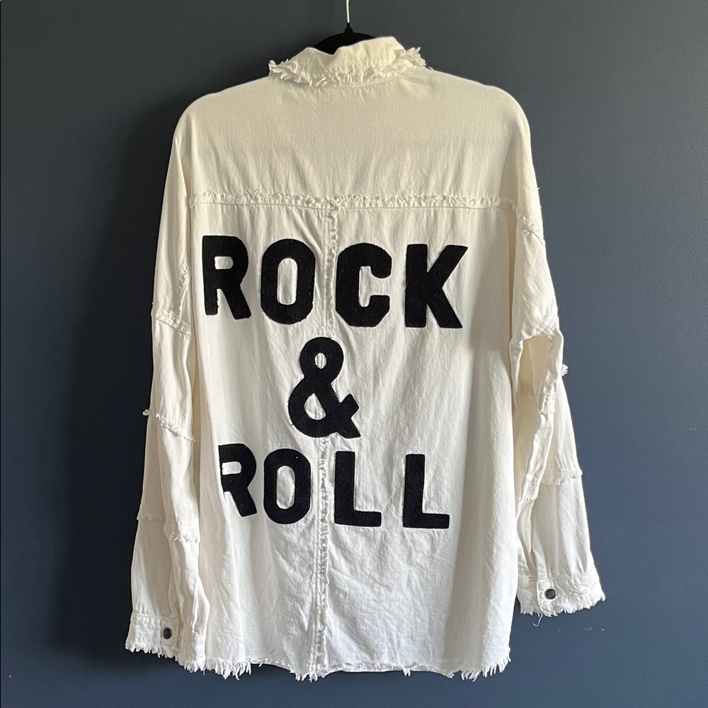 Elan White Frayed Button-Up Jacket; ROCK N’ ROLL Patched Lettering on Back